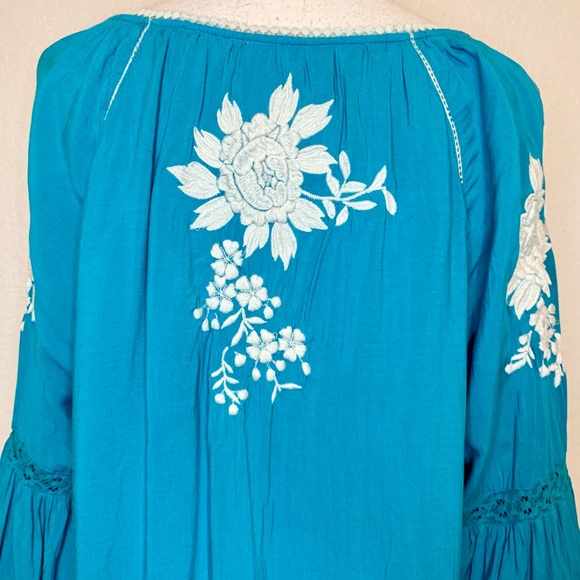 Sundance Naomi Isles Embroidered Boho Peasant Top Turquoise Blue Size Large - Picture 9 of 15
